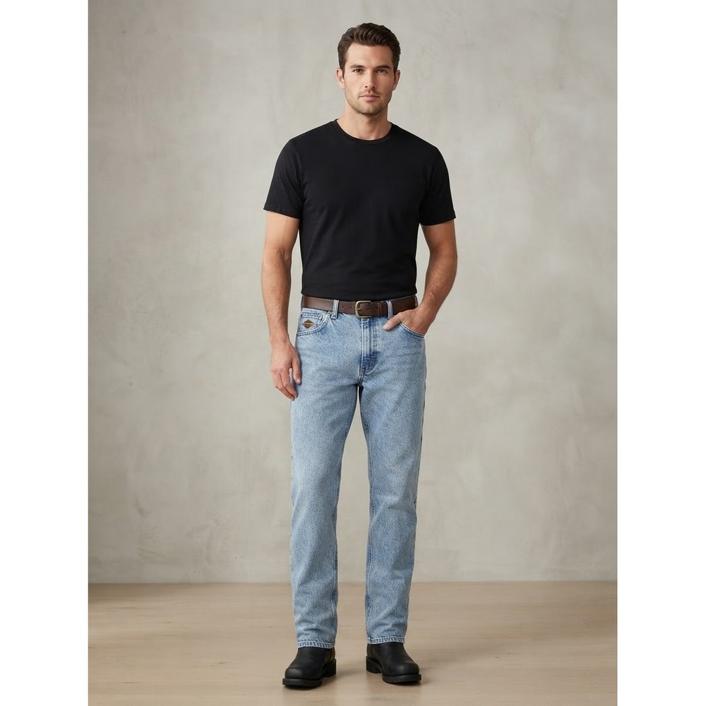 Harley-Davidson Mens Jeans 42x34 Light Wash Straight Leg Embroidered Logo Denim